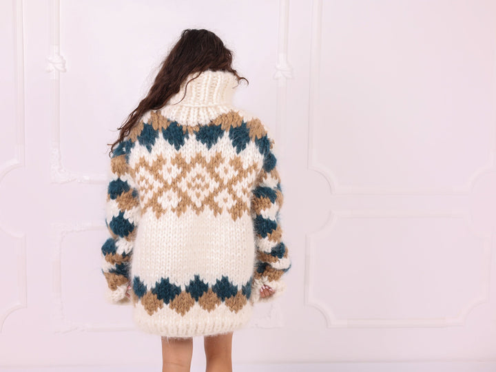Ivory teal beige chunky mohair Nordic sweater full back view