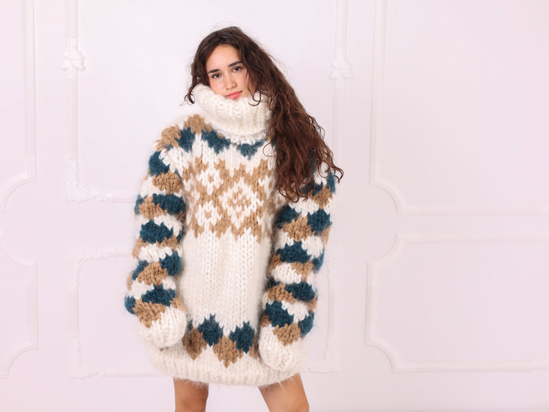 Ivory teal beige Nordic mohair sweater front portrait