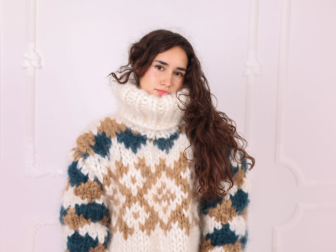 Ivory teal beige mohair Nordic turtleneck sweater close-up