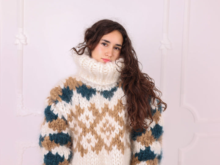 Ivory teal beige mohair Nordic turtleneck sweater close-up