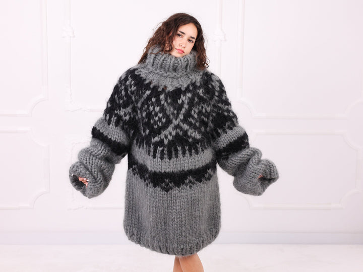 Gray and black chunky mohair Nordic turtleneck sweater front full view