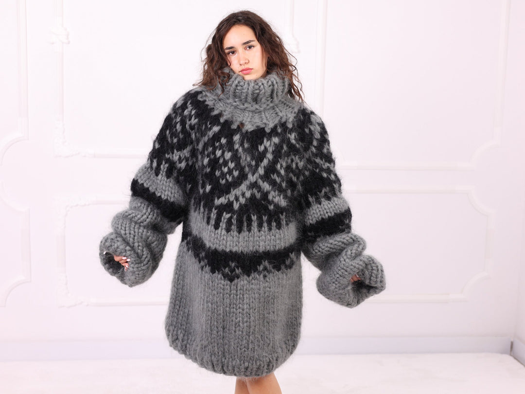 Gray black oversized mohair Nordic sweater front view