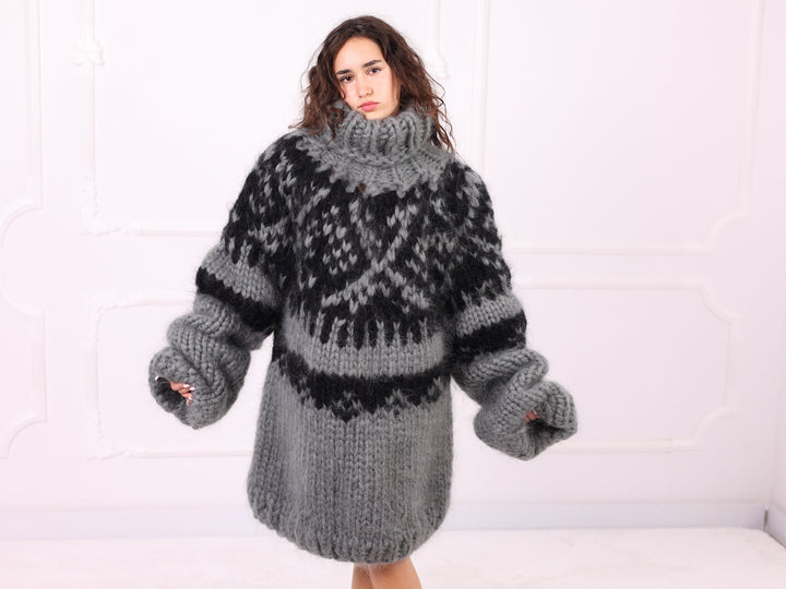 Gray black oversized mohair Nordic sweater front view