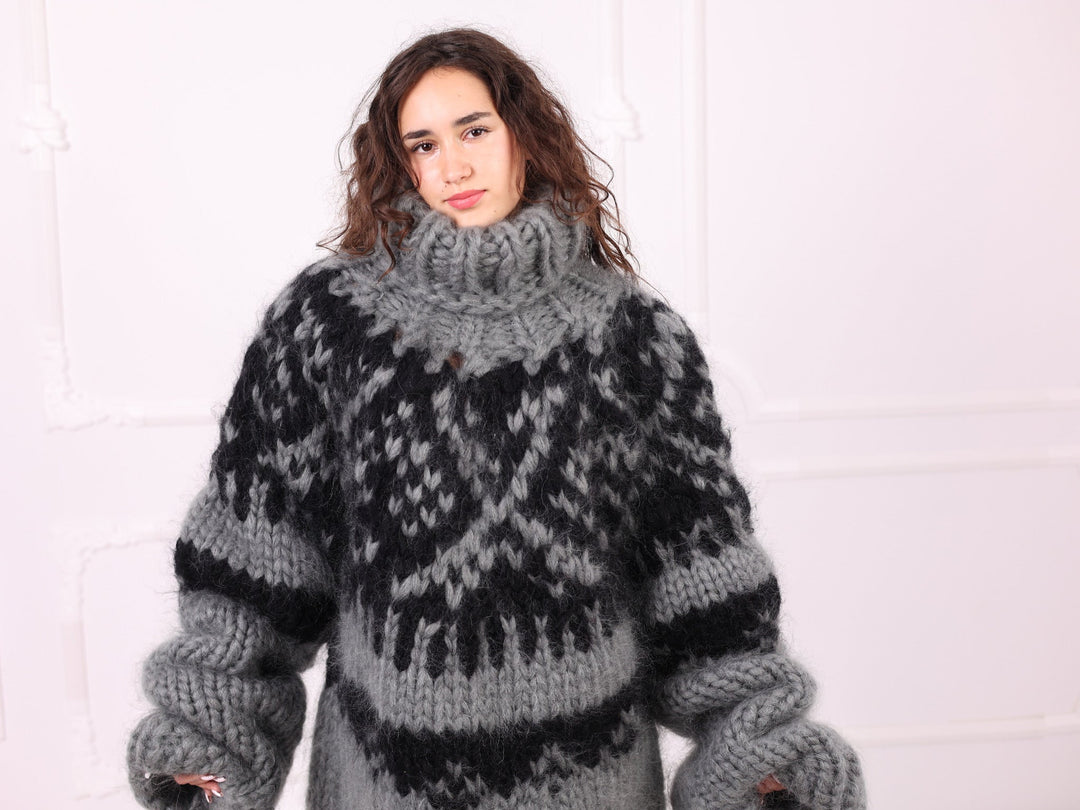 Gray and black mohair Nordic turtleneck sweater close front detail