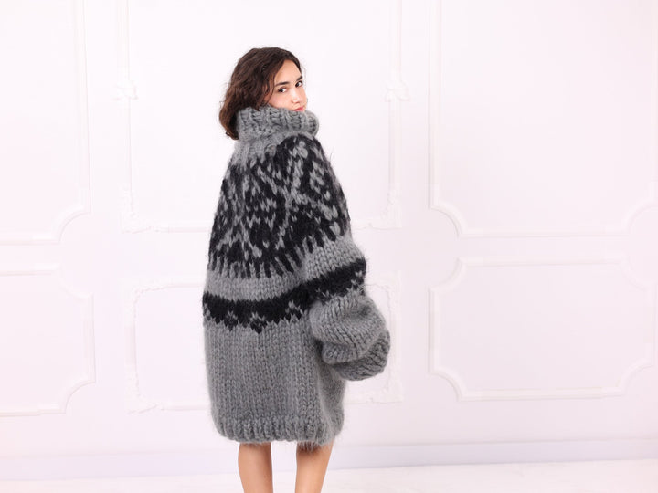 Gray black chunky Nordic mohair sweater side three-quarter view