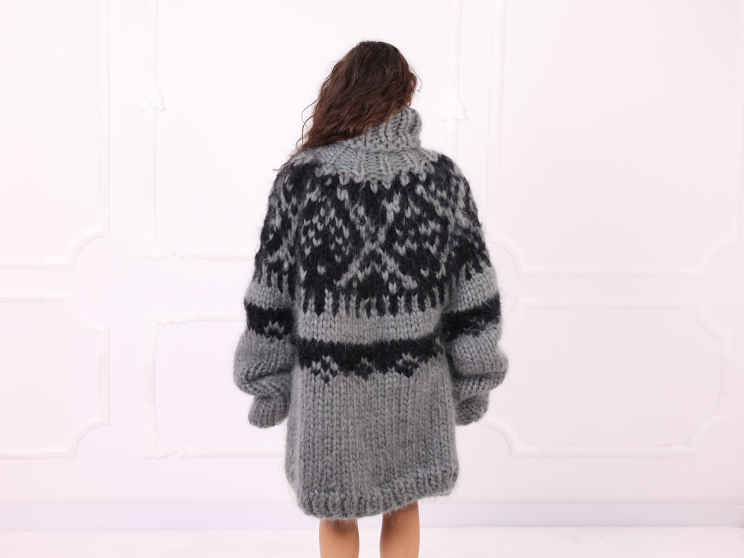Gray black mohair Nordic sweater full back view