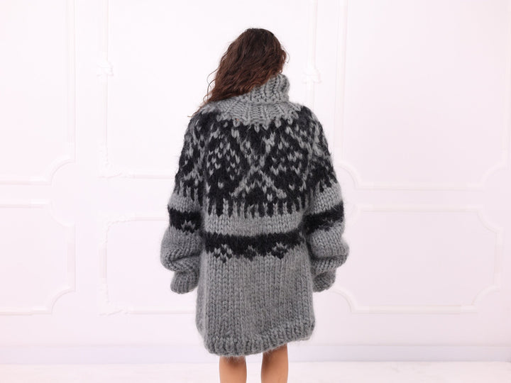 Gray black mohair Nordic sweater full back view