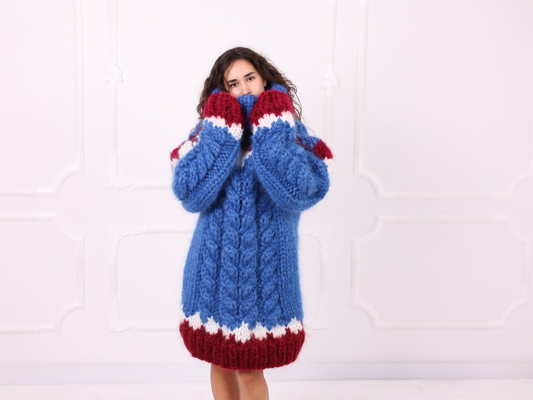 Blue red ivory chunky mohair Nordic 50 cm turtleneck sweater front view