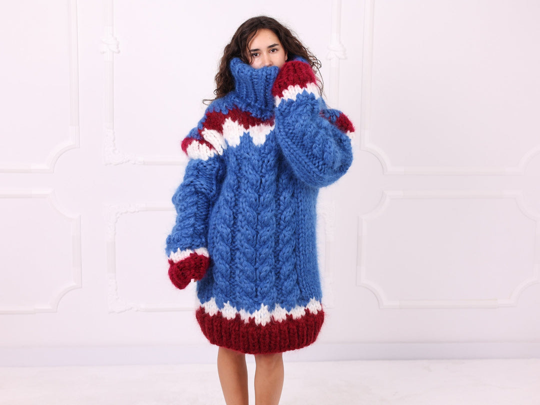 Blue red ivory mohair Nordic cable sweater front three quarter view