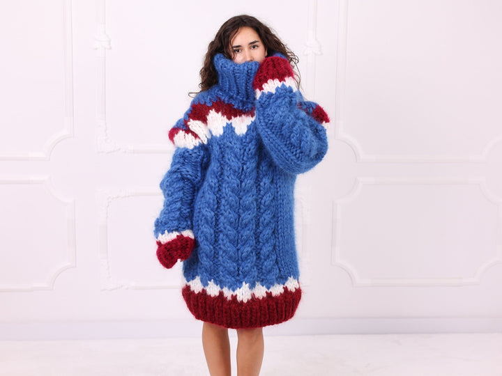 Blue red ivory mohair Nordic cable sweater front three quarter view