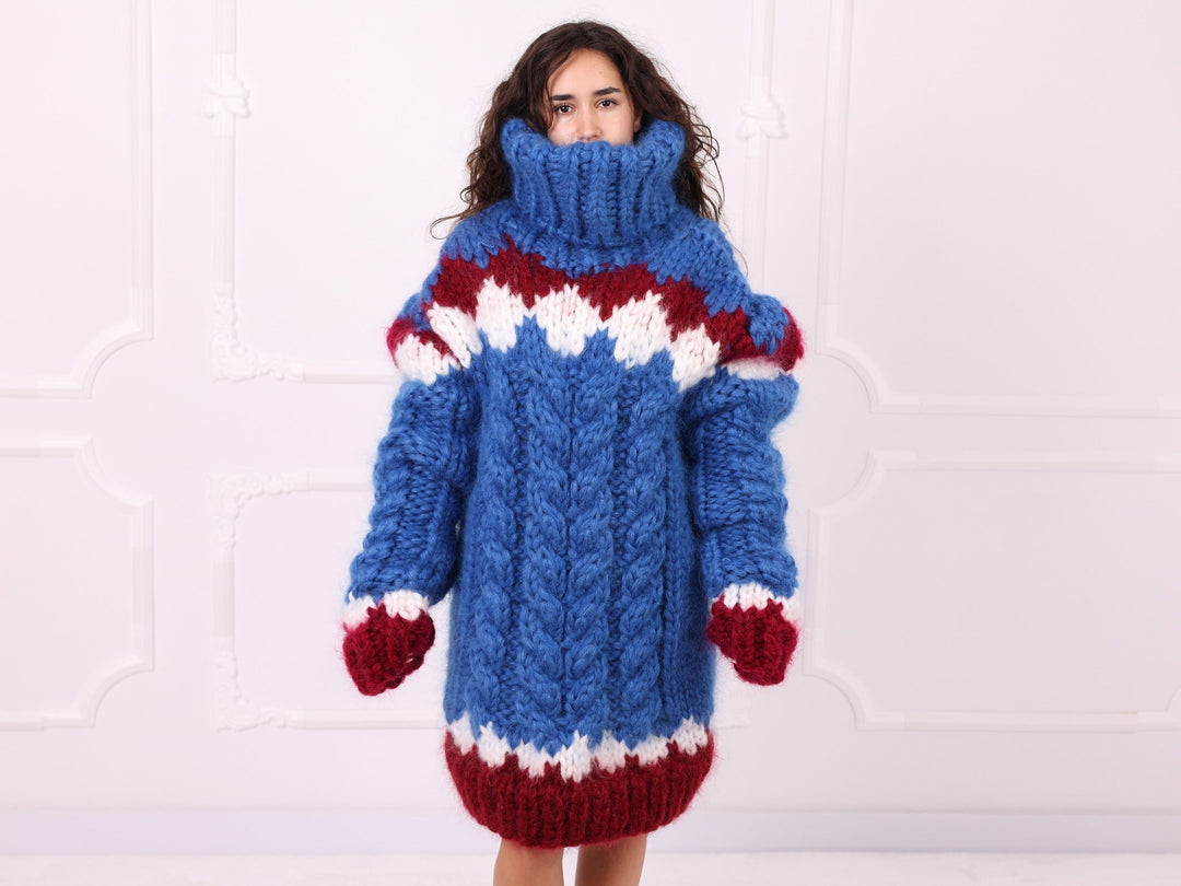 Blue red ivory chunky mohair Nordic sweater full front view