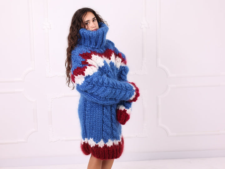 Blue red ivory mohair cable sweater side view with 50 cm turtleneck