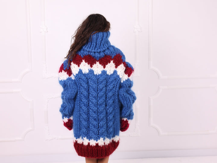 Blue red ivory mohair Nordic cable sweater back view