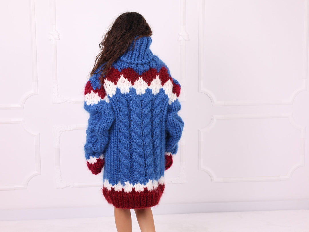 Blue red ivory mohair oversized turtleneck sweater back three quarter view