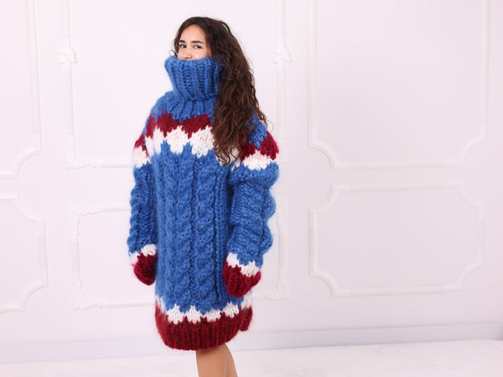 Blue red ivory chunky mohair Nordic sweater front side view