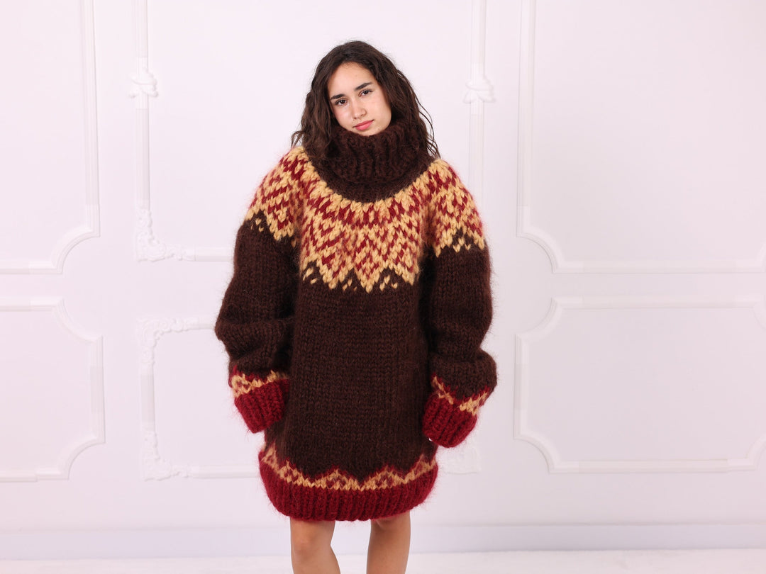 Brown red beige Nordic mohair turtleneck sweater full front view