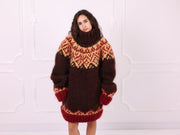 Brown Red Beige Nordic Mohair Turtleneck Sweater T2366