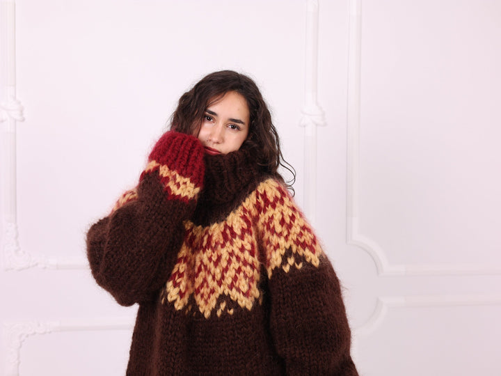 Brown red beige Nordic mohair sweater front view with oversized fit