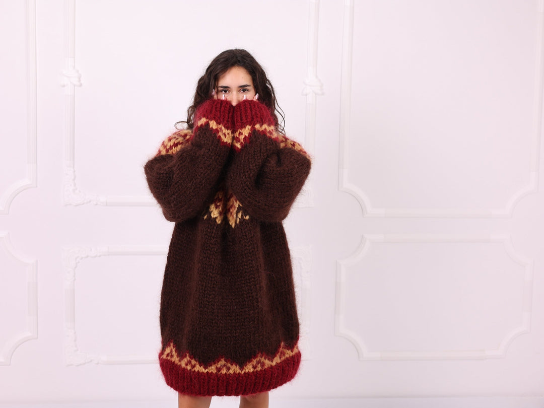 Brown red beige Nordic mohair turtleneck sweater close-up