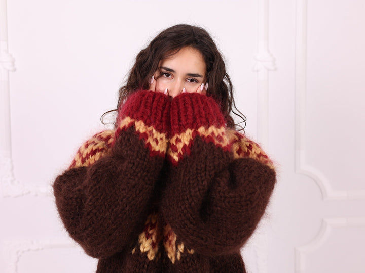 Brown red beige Nordic mohair sweater full front pose