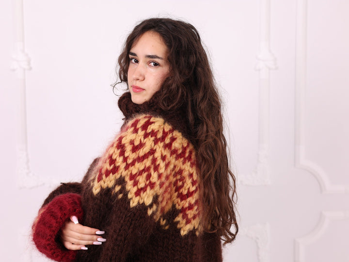 Brown red beige Nordic mohair sweater full front view