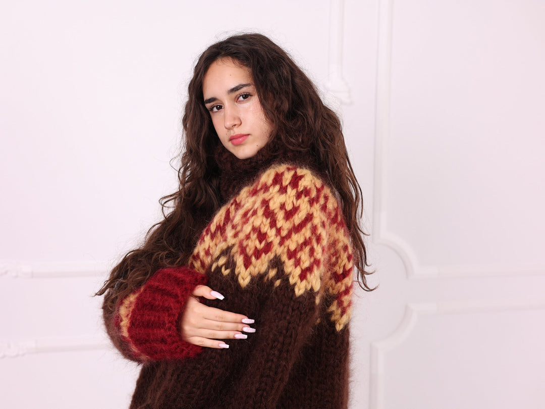 Brown red beige Nordic mohair sweater front three quarter view