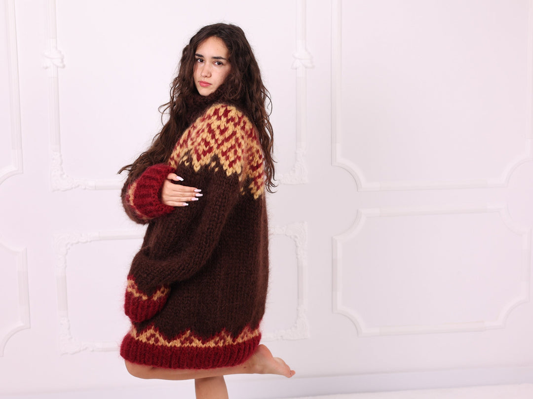 Brown red beige Nordic mohair sweater close-up front view