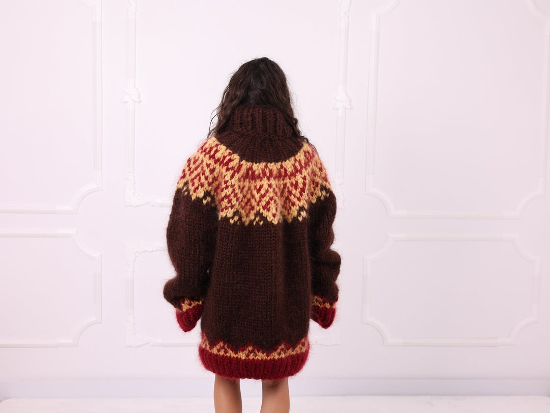 Brown red beige Nordic mohair sweater three quarter view
