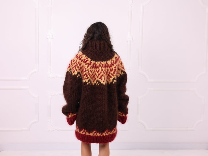 Brown red beige Nordic mohair sweater three quarter view