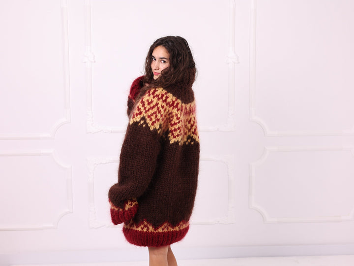 Brown red beige Nordic mohair sweater back and side view