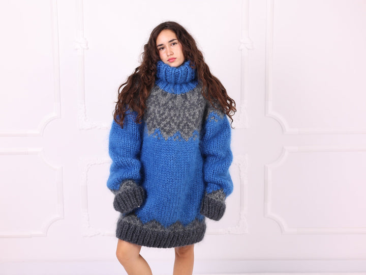 Blue gray Nordic mohair turtleneck sweater full front view