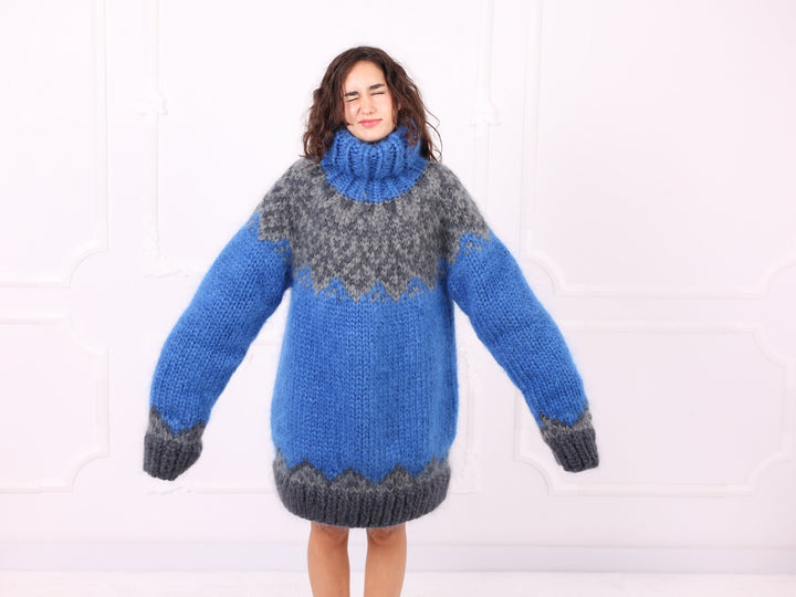 Blue gray Nordic mohair sweater full front view with sleeves extended