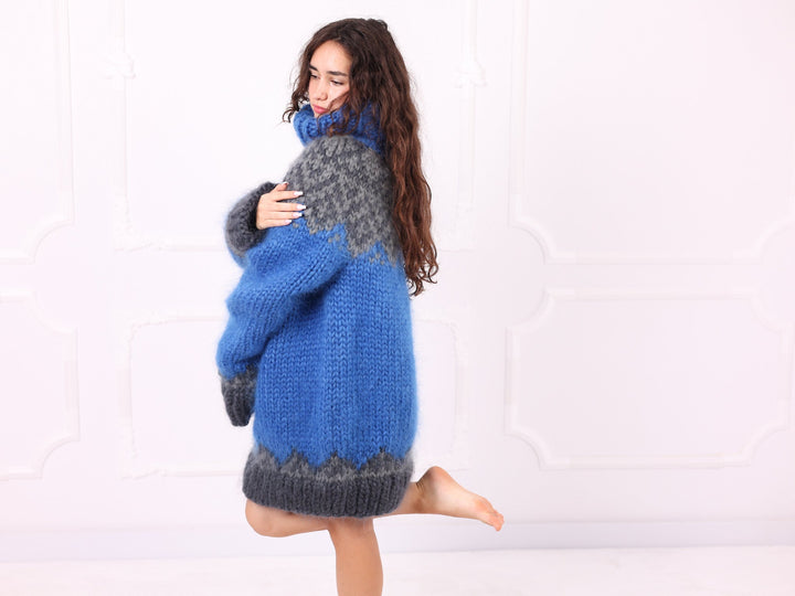 Blue gray Nordic mohair sweater three quarter side view