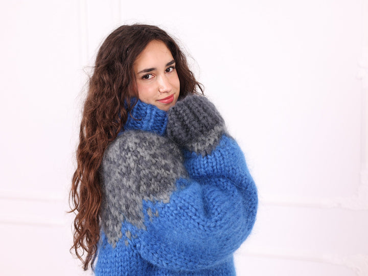 Blue gray Nordic mohair sweater close-up sleeve and yoke detail