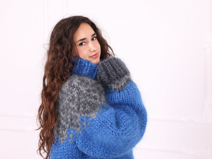 Blue gray Nordic mohair sweater close-up texture detail