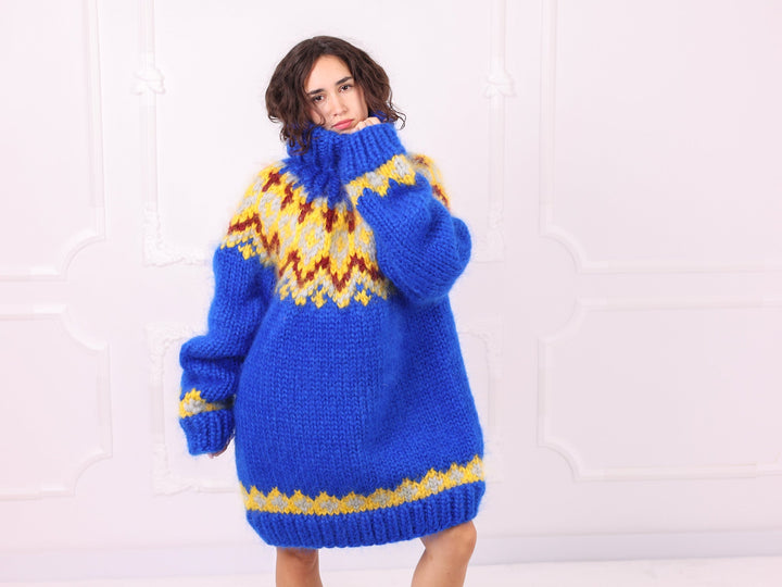 Royal blue multicolour Nordic mohair sweater front view
