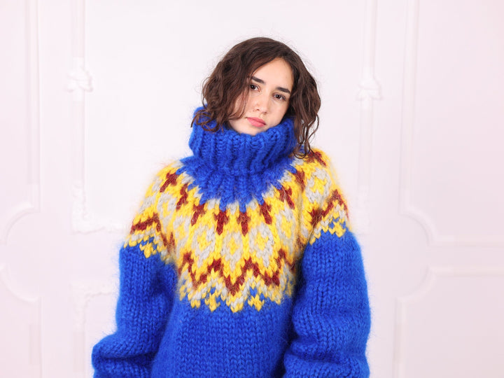 Royal blue Nordic mohair turtleneck sweater close-up Fair Isle yoke