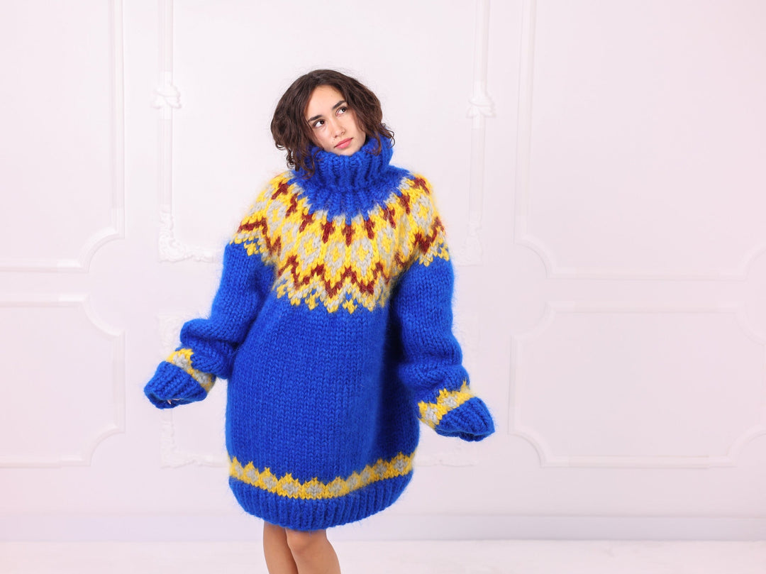 Royal blue multicolour Nordic mohair sweater full front pose
