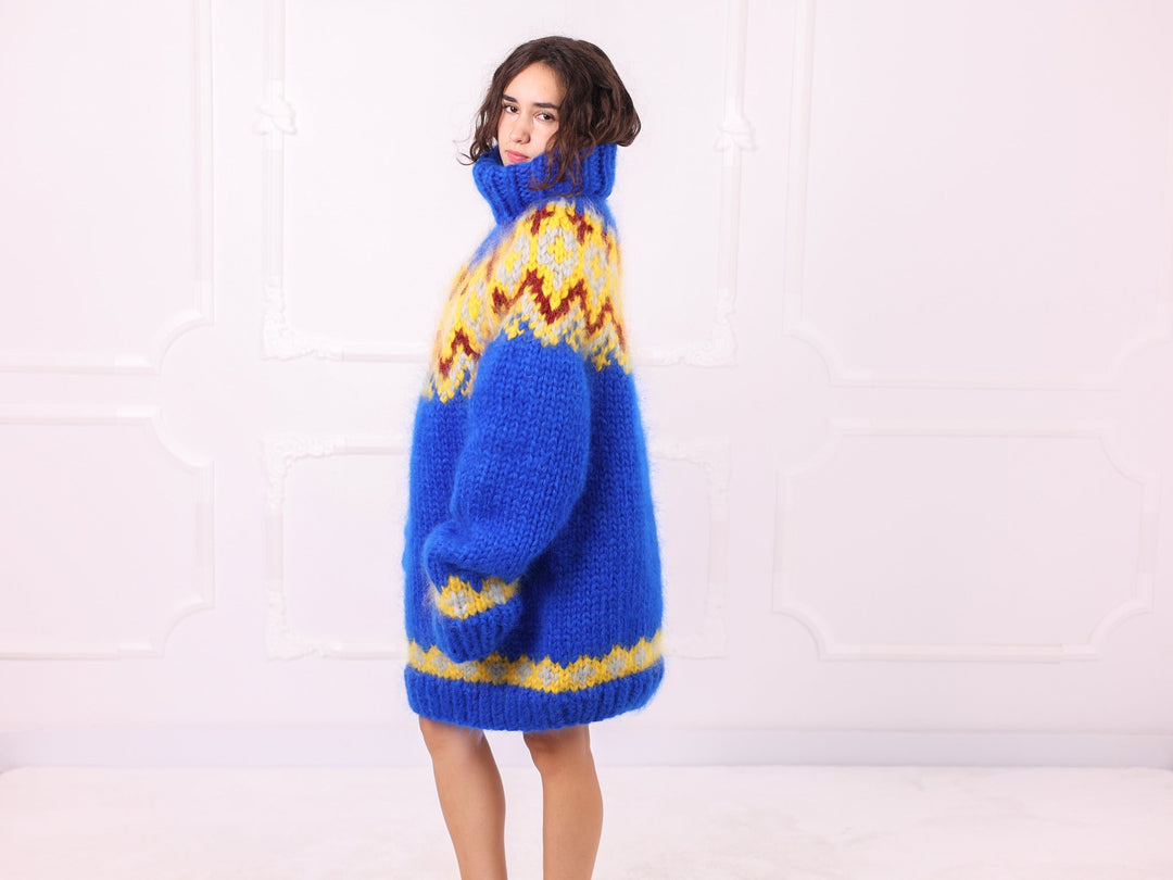 Royal blue Nordic mohair sweater side view