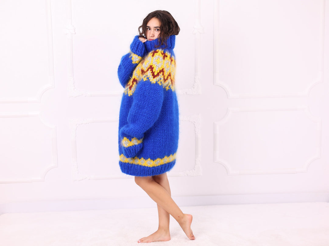 Royal blue Nordic mohair sweater three quarter side view