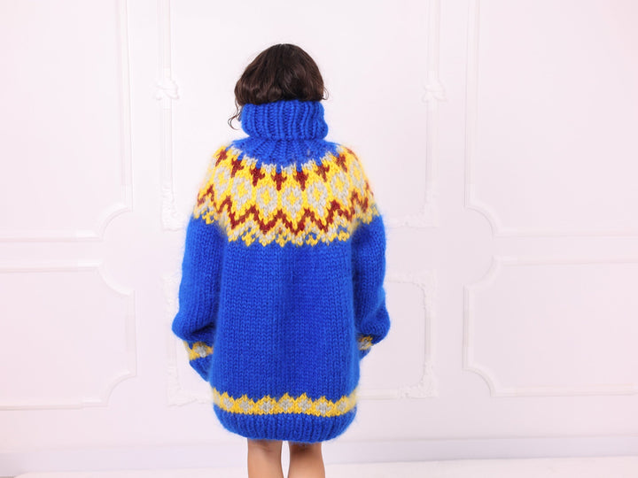 Royal blue multicolour Nordic mohair sweater full back view