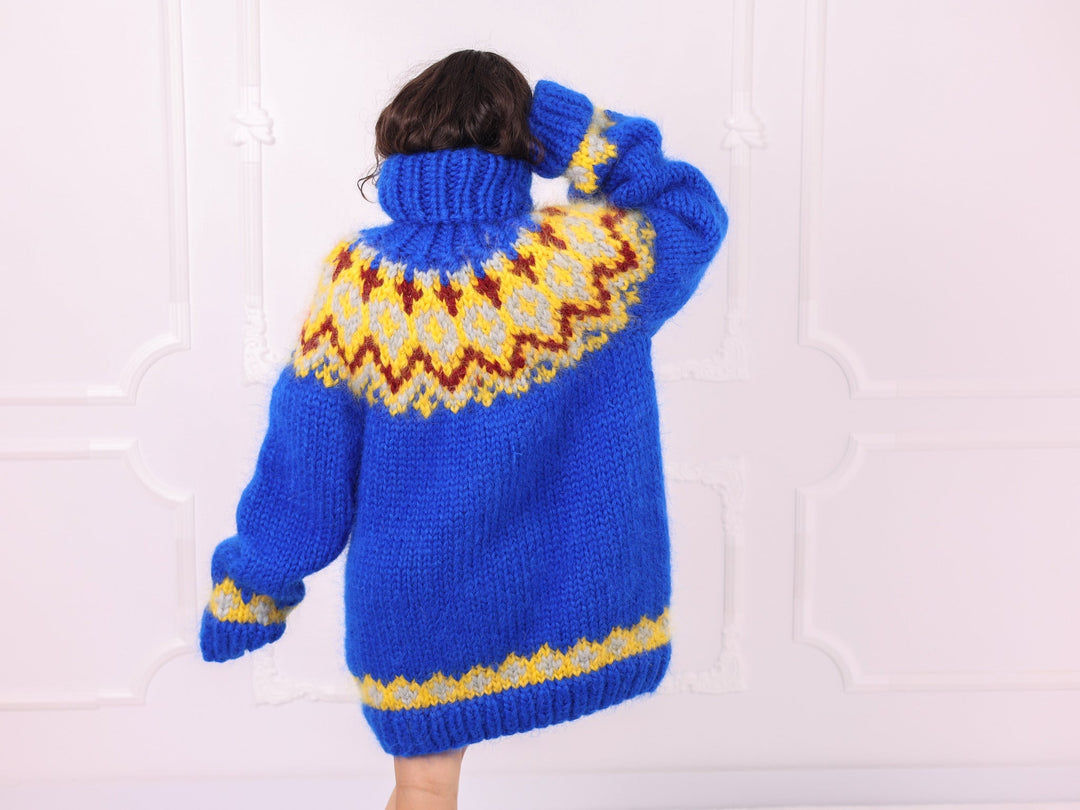Royal blue Nordic mohair sweater three quarter back view