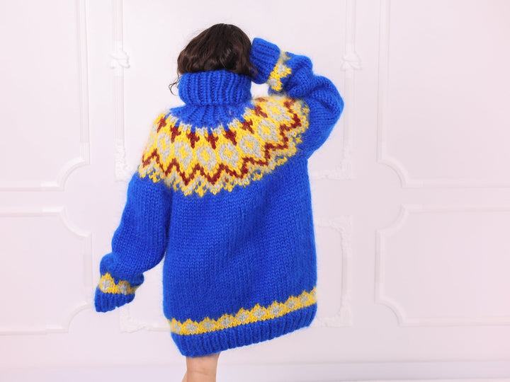 Royal blue Nordic mohair sweater three quarter back view