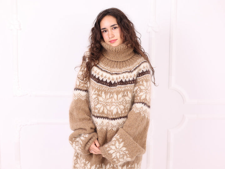 Camel beige Nordic mohair turtleneck sweater close-up front view