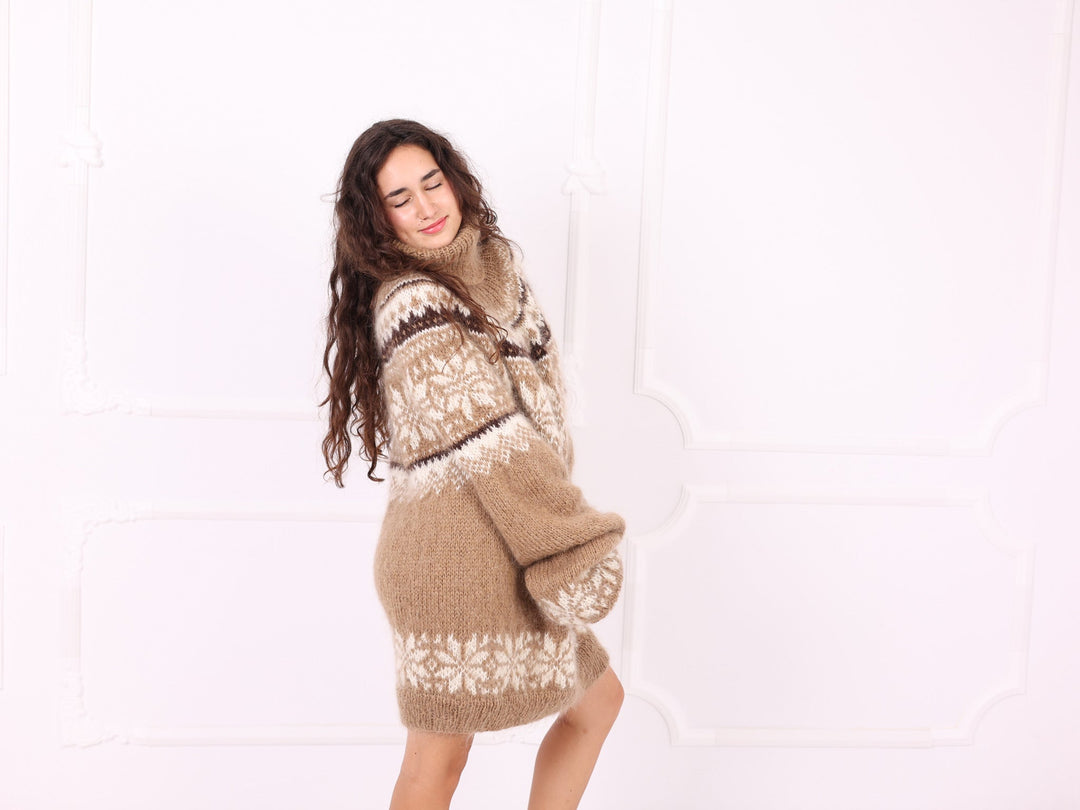 Camel beige Nordic mohair sweater three quarter side view
