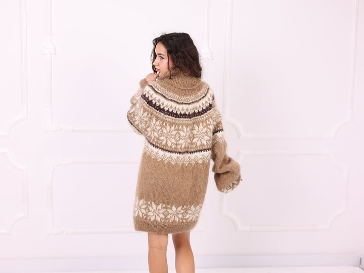 Camel beige Nordic mohair sweater three quarter back view