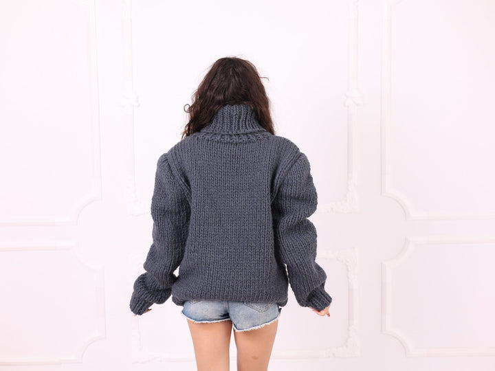 Gray 100% wool chunky turtleneck sweater back view
