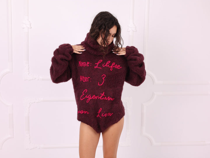 Burgundy alpaca bodysuit custom pink embroidery front detail