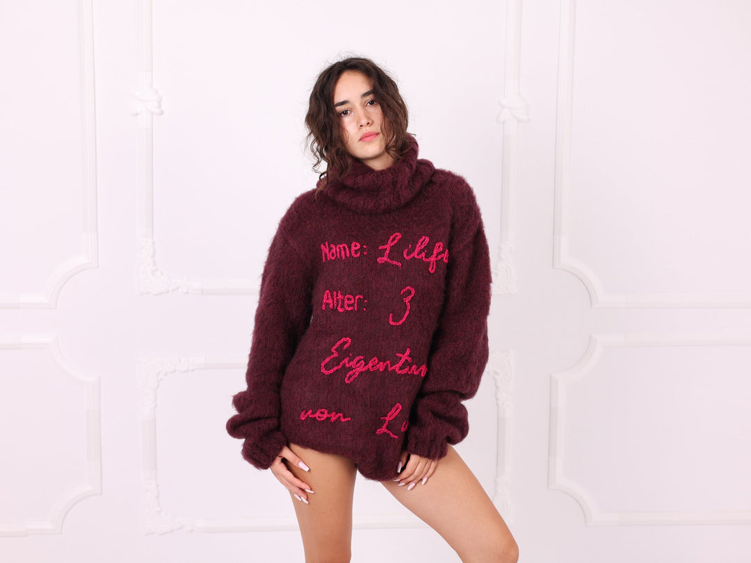 Burgundy personalized alpaca bodysuit three-quarter front view