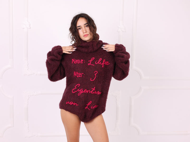 Burgundy personalized alpaca turtleneck bodysuit front pose